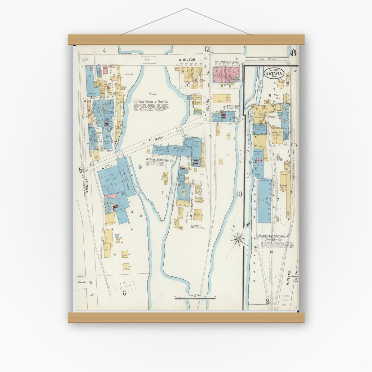 Old map wall art mockup — magnetic wood frame on white wall — Sanborn Fire Insurance Map from Batavia, Kane County, Illinois (1897), Sheet #0008