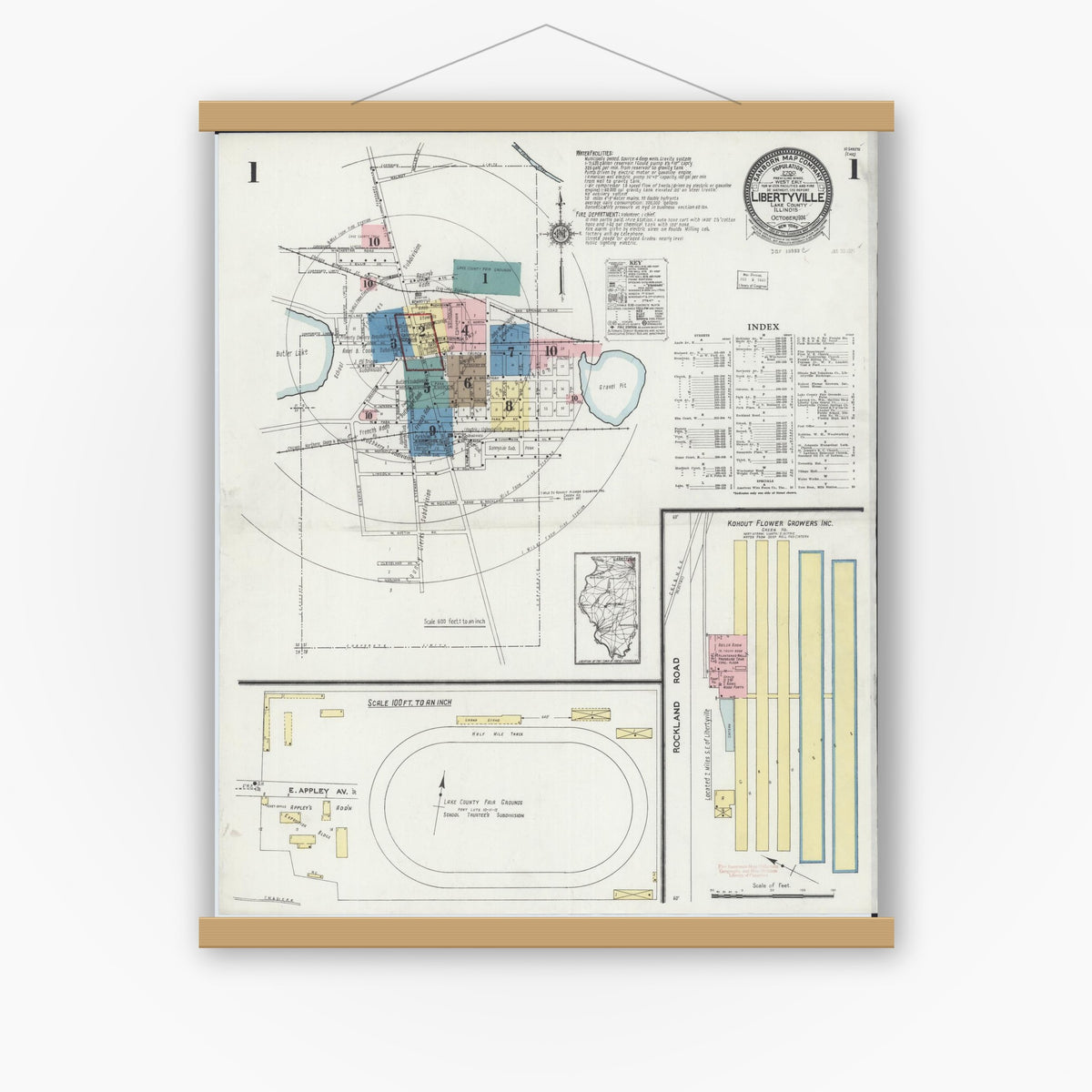 Old map wall art mockup — magnetic wood frame on white wall — Sanborn Fire Insurance Map from Libertyville, Lake County, Illinois (1924) - Complete Map Set