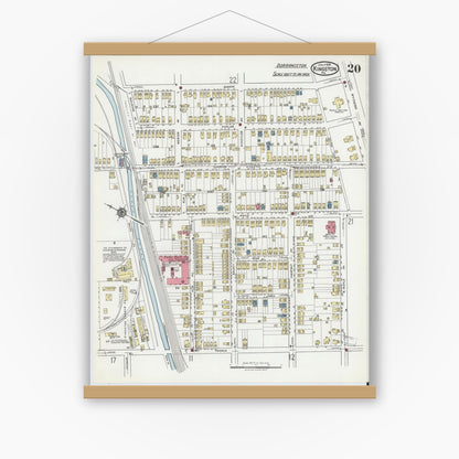 Old map wall art mockup — magnetic wood frame on white wall — Sanborn Fire Insurance Map from Kingston, Luzerne County, Pennsylvania (1919), Sheet #0020