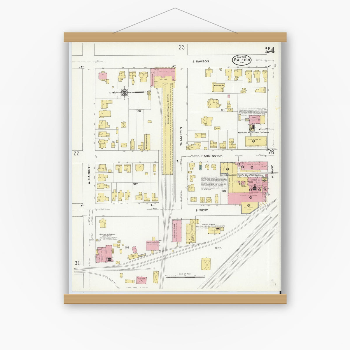 Old map wall art mockup — magnetic wood frame on white wall — Sanborn Fire Insurance Map from Raleigh, Wake County, North Carolina (1909), Sheet #0024