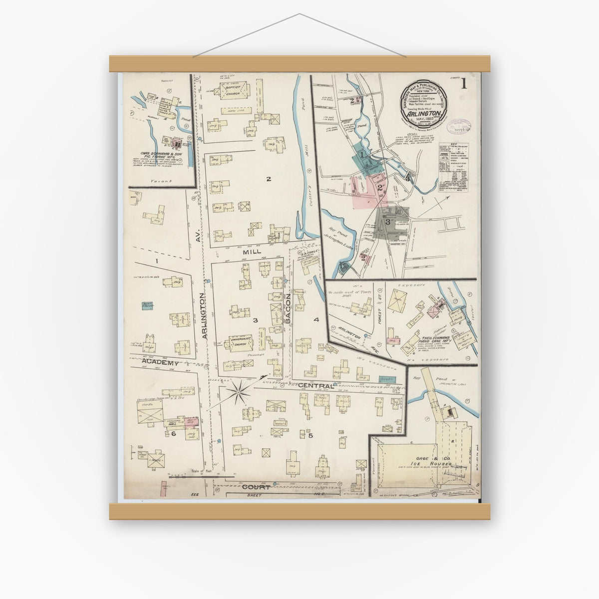Old map wall art mockup — magnetic wood frame on white wall — Sanborn Fire Insurance Map from Arlington, Middlesex County, Massachusetts (1885) - Complete Map Set