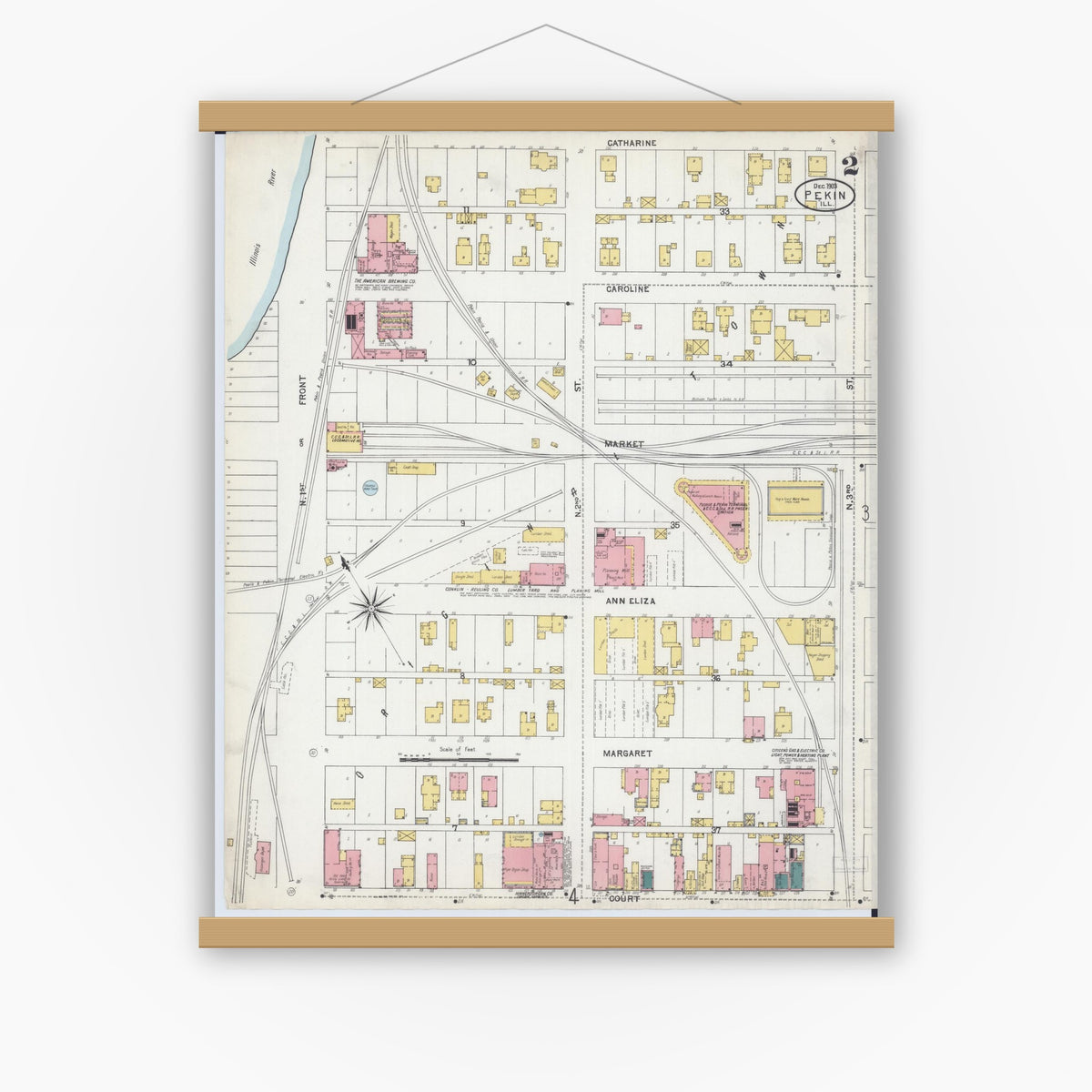 Old map wall art mockup — magnetic wood frame on white wall — Sanborn Fire Insurance Map from Pekin, Tazewell County, Illinois (1903), Sheet #0002