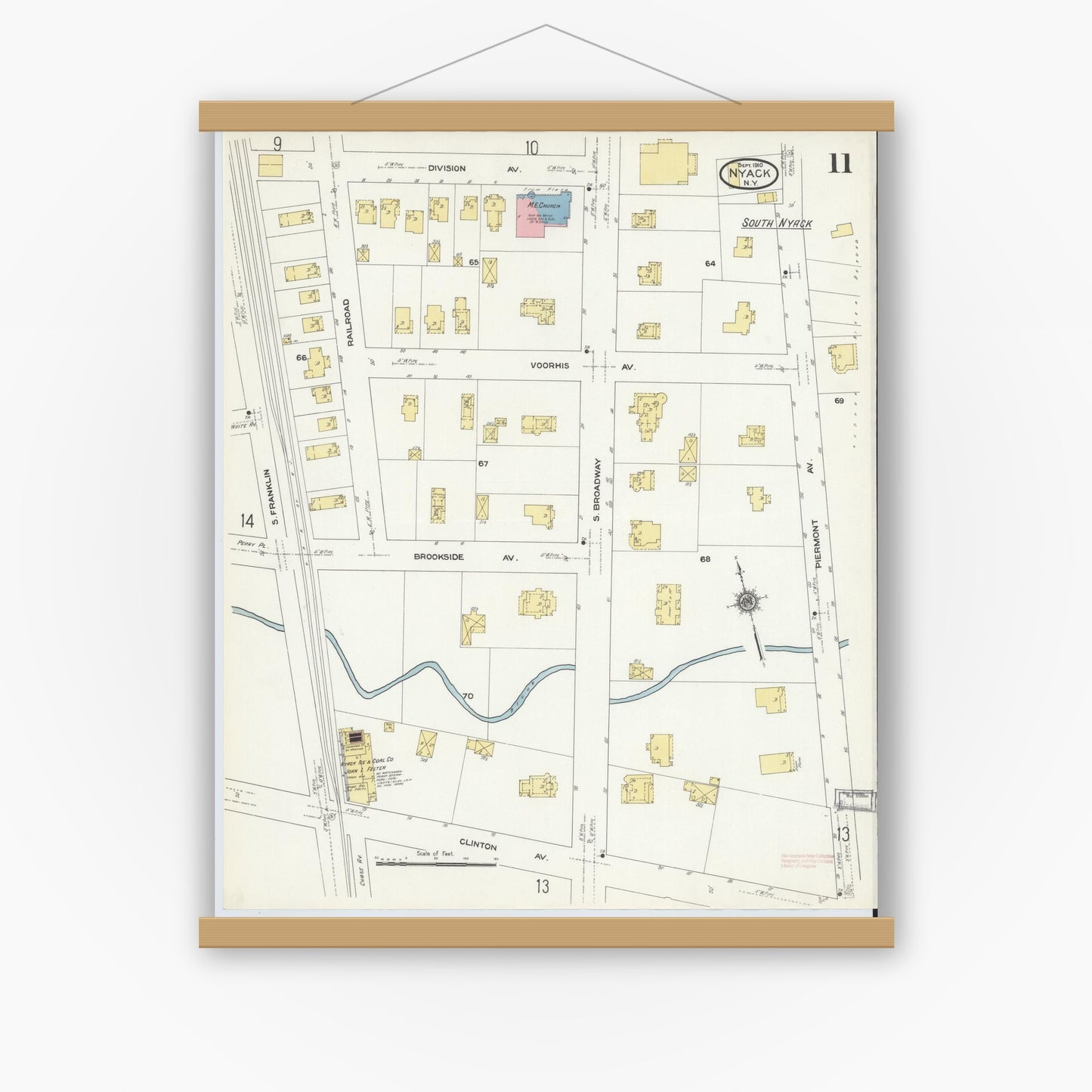 Old map wall art mockup — magnetic wood frame on white wall — Sanborn Fire Insurance Map from Nyack, Rockland County, New York. (1910), Sheet #0011