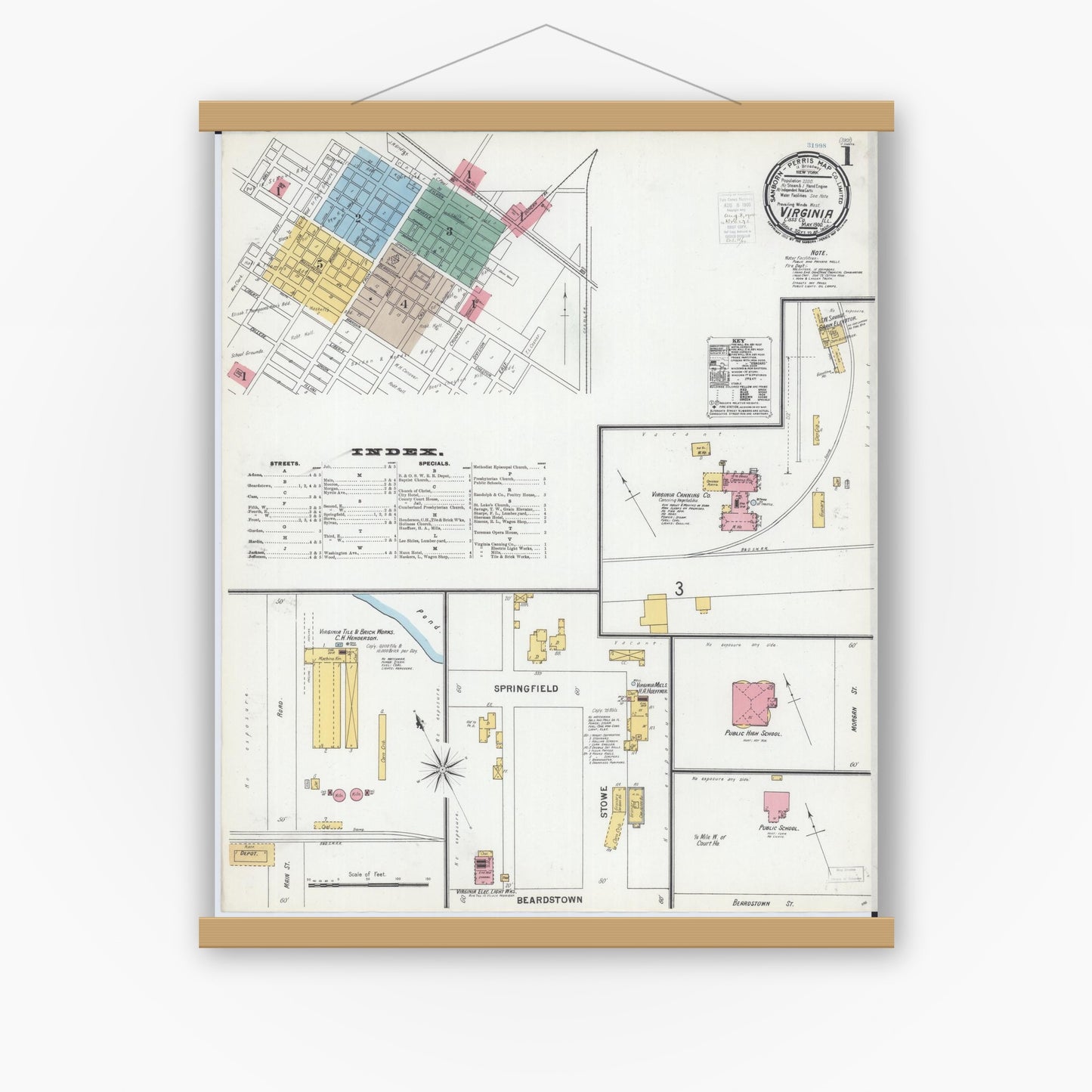 Old map wall art mockup — magnetic wood frame on white wall — Sanborn Fire Insurance Map from Virginia, Cass County, Illinois (1900), Sheet #0001