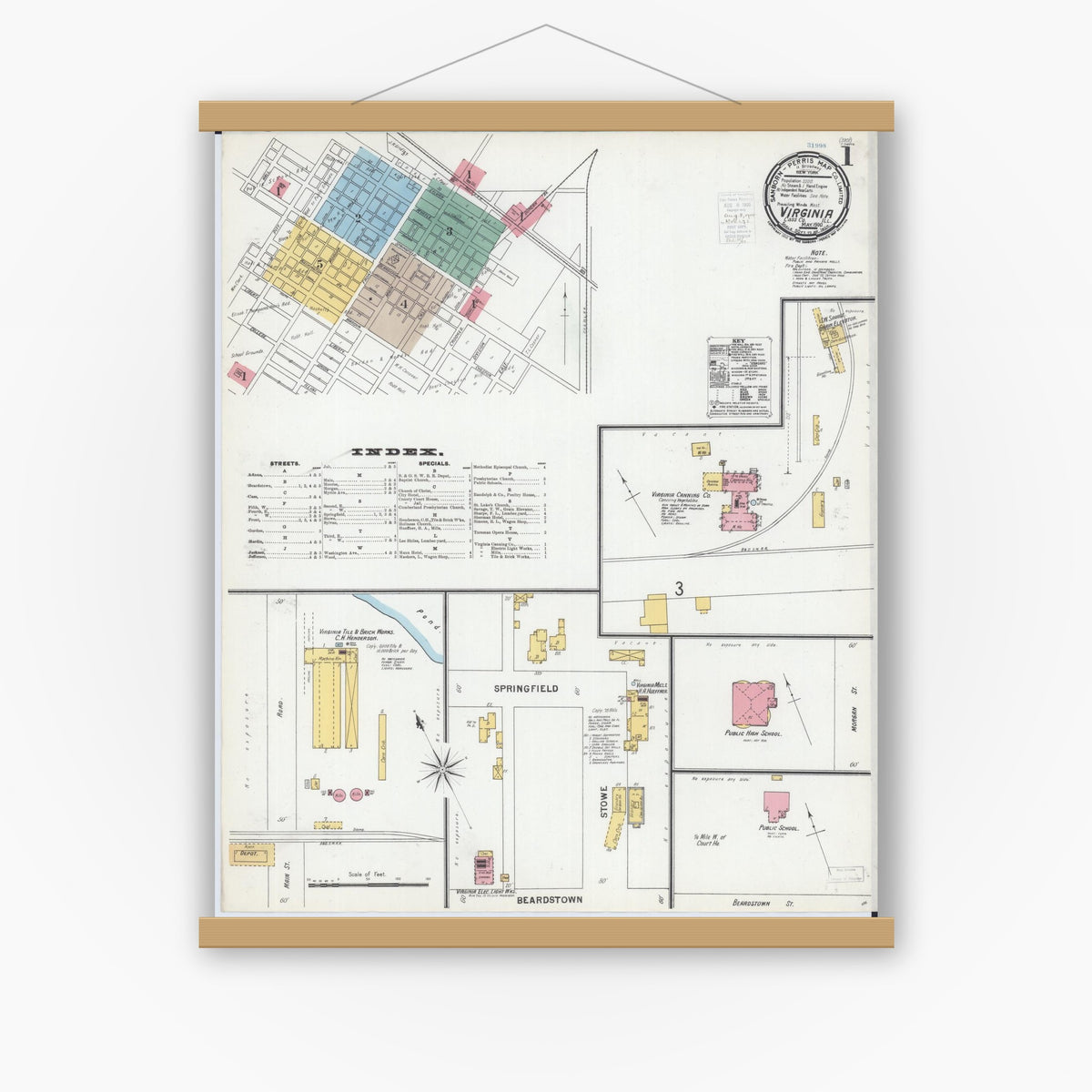 Old map wall art mockup — magnetic wood frame on white wall — Sanborn Fire Insurance Map from Virginia, Cass County, Illinois (1900), Sheet #0001