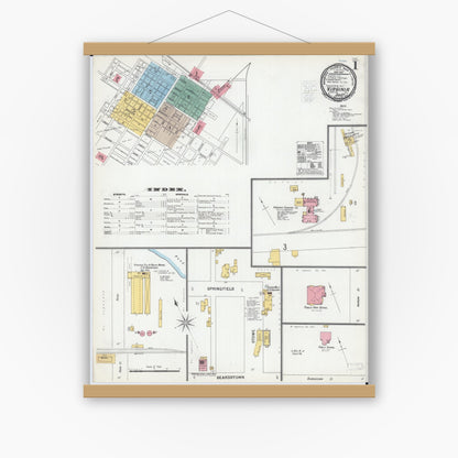 Old map wall art mockup — magnetic wood frame on white wall — Sanborn Fire Insurance Map from Virginia, Cass County, Illinois (1900), Sheet #0001
