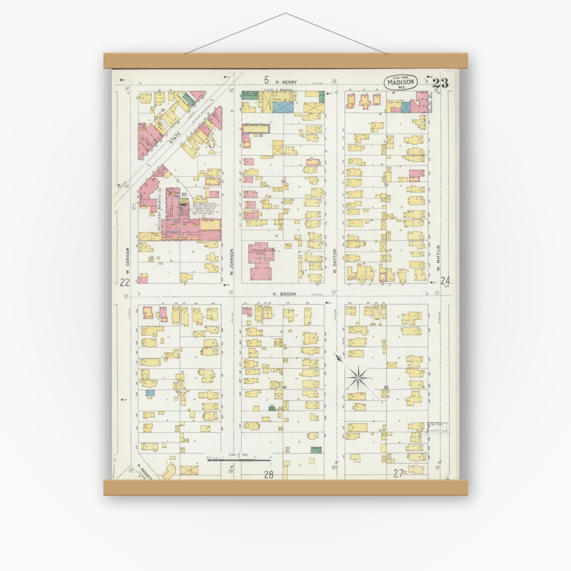 Old map wall art mockup — magnetic wood frame on white wall — Sanborn Fire Insurance Map from Madison, Dane County, Wisconsin (1902), Sheet #0023