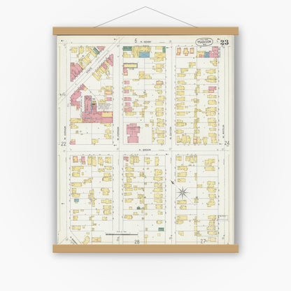 Old map wall art mockup — magnetic wood frame on white wall — Sanborn Fire Insurance Map from Madison, Dane County, Wisconsin (1902), Sheet #0023