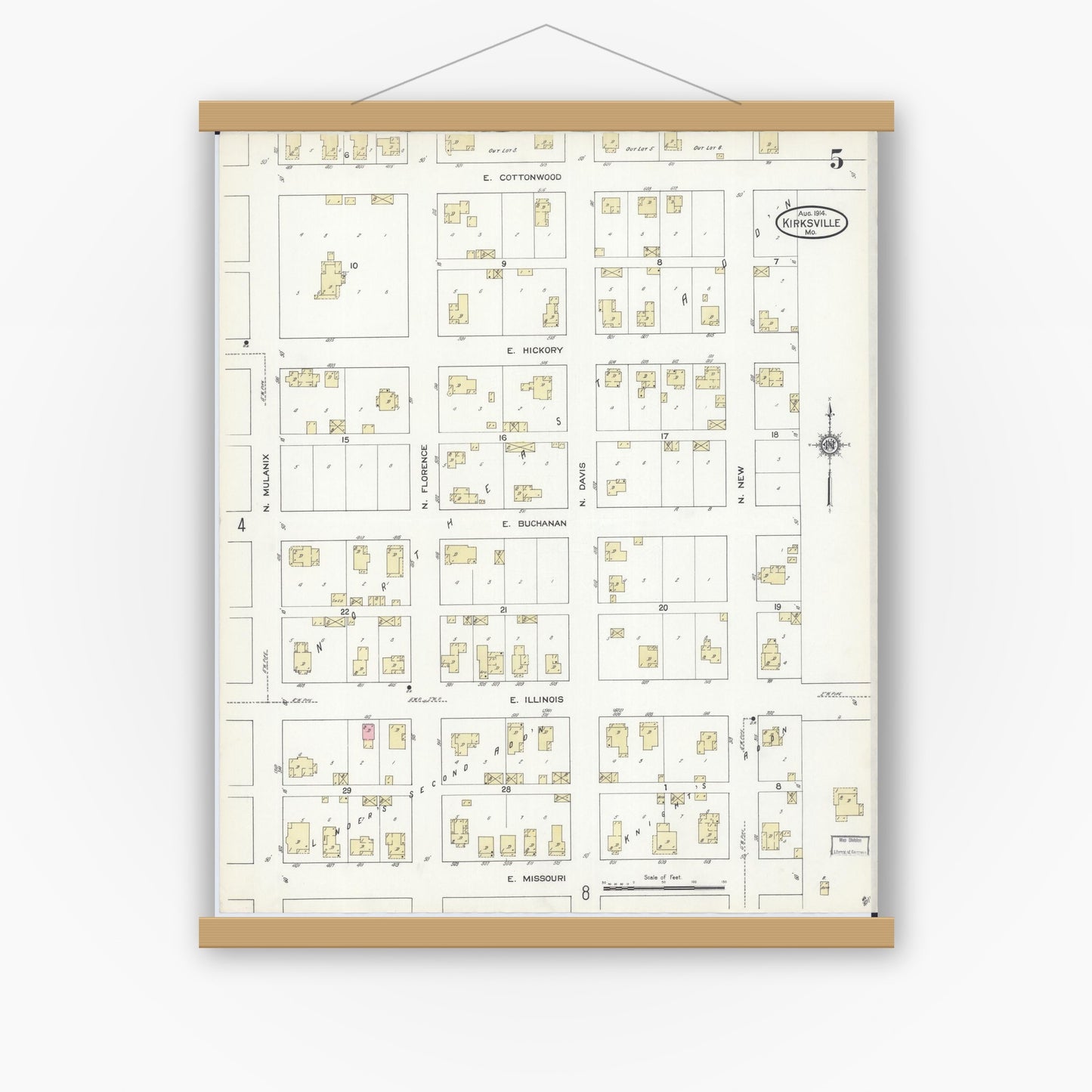 Old map wall art mockup — magnetic wood frame on white wall — Sanborn Fire Insurance Map from Kirksville, Adair County, Missouri (1914), Sheet #0005
