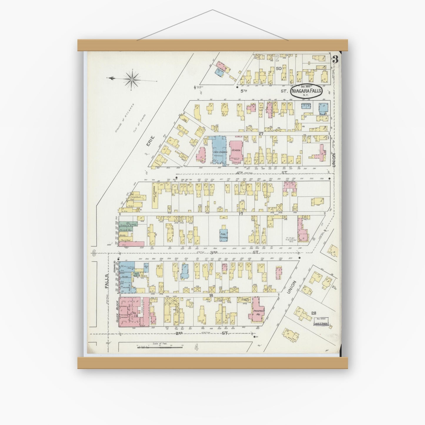 Old map wall art mockup — magnetic wood frame on white wall — Sanborn Fire Insurance Map from Niagara Falls, Niagara County, New York (1892), Sheet #0003