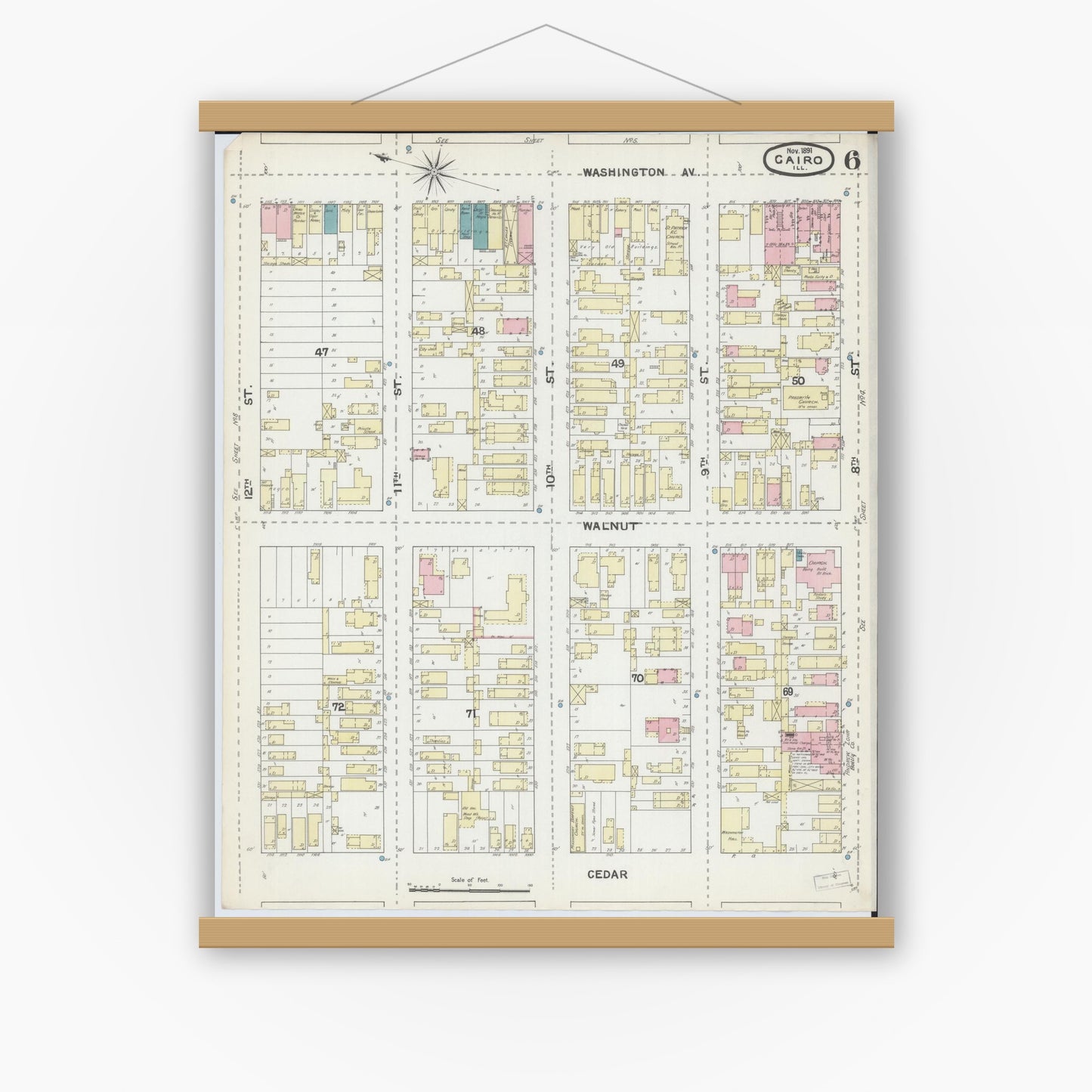 Old map wall art mockup — magnetic wood frame on white wall — Sanborn Fire Insurance Map from Cairo, Alexander County, Illinois (1891), Sheet #0006