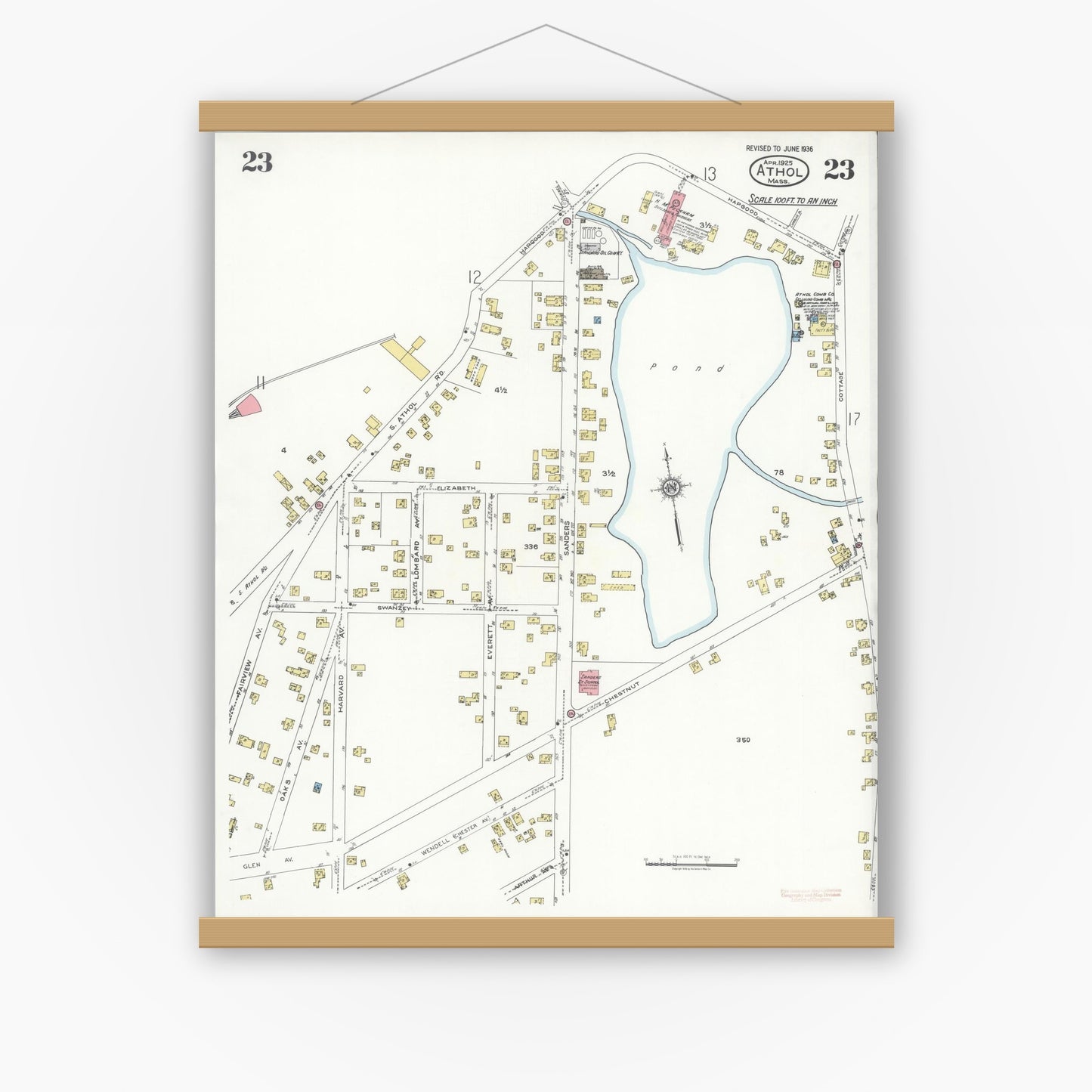 Old map wall art mockup — magnetic wood frame on white wall — Sanborn Fire Insurance Map from Athol, Worcester County, Massachusetts (1936), Sheet #0023