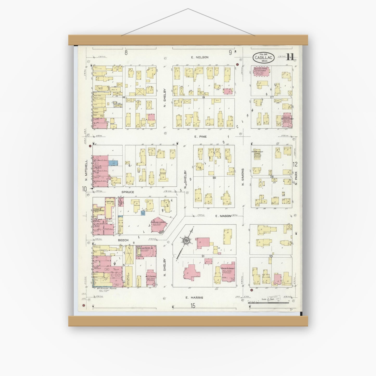 Old map wall art mockup — magnetic wood frame on white wall — Sanborn Fire Insurance Map from Cadillac, Wexford County, Michigan (1914), Sheet #0011