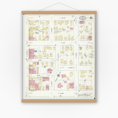 Old map wall art mockup — magnetic wood frame on white wall — Sanborn Fire Insurance Map from Cadillac, Wexford County, Michigan (1914), Sheet #0011