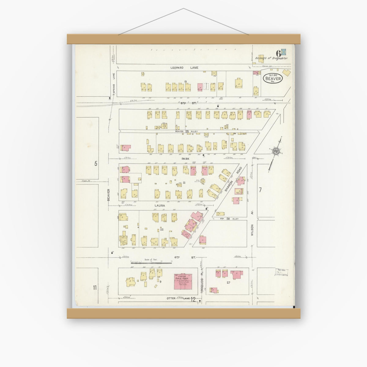 Old map wall art mockup — magnetic wood frame on white wall — Sanborn Fire Insurance Map from Beaver, Beaver County, Pennsylvania (1912), Sheet #0006