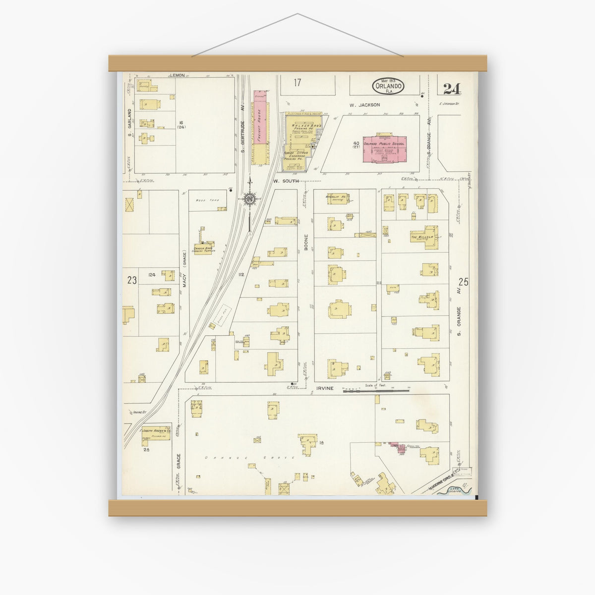 Old map wall art mockup — magnetic wood frame on white wall — Sanborn Fire Insurance Map from Orlando, Orange County, Florida (1913), Sheet #0024