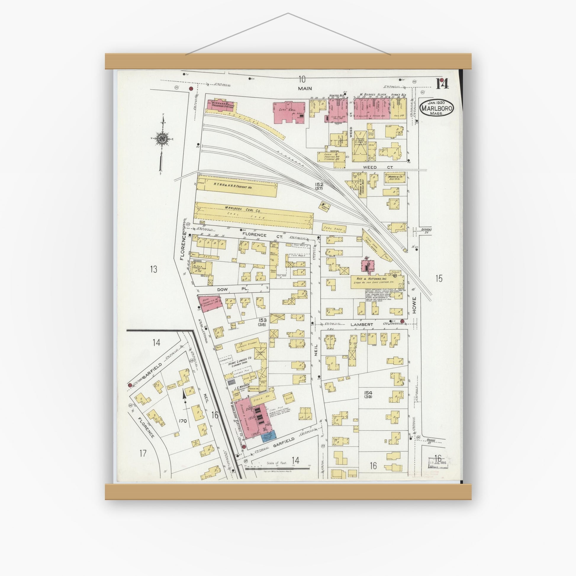 Old map wall art mockup — magnetic wood frame on white wall — Sanborn Fire Insurance Map from Marlborough, Middlesex County, Massachusetts (1920), Sheet #0014