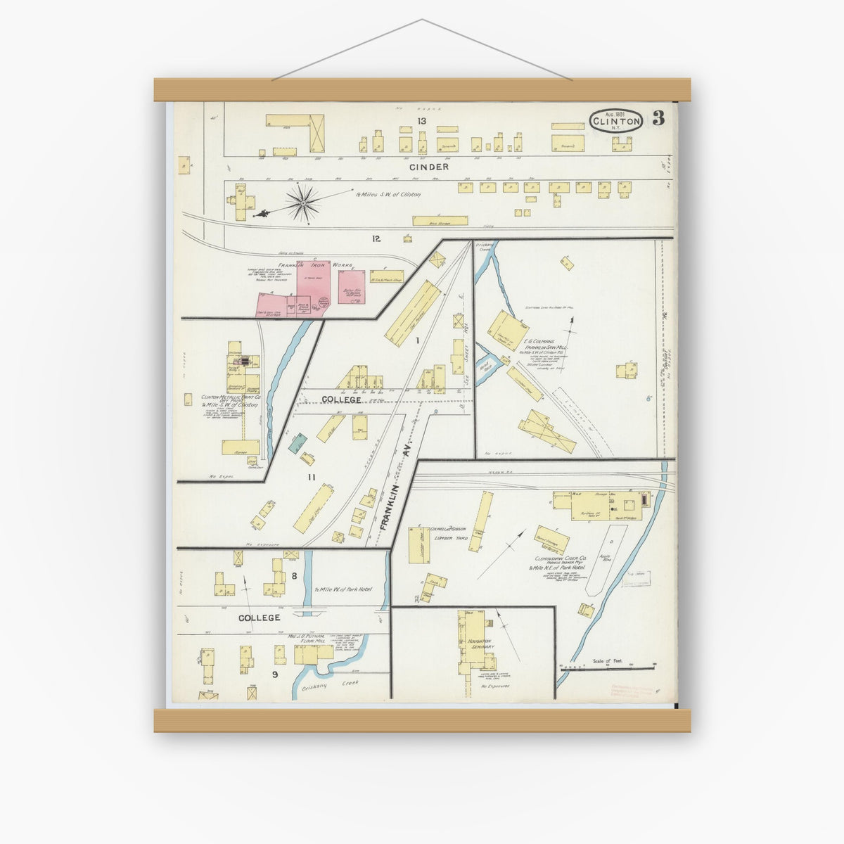 Old map wall art mockup — magnetic wood frame on white wall — Sanborn Fire Insurance Map from Clinton, Oneida County, New York (1891), Sheet #0003