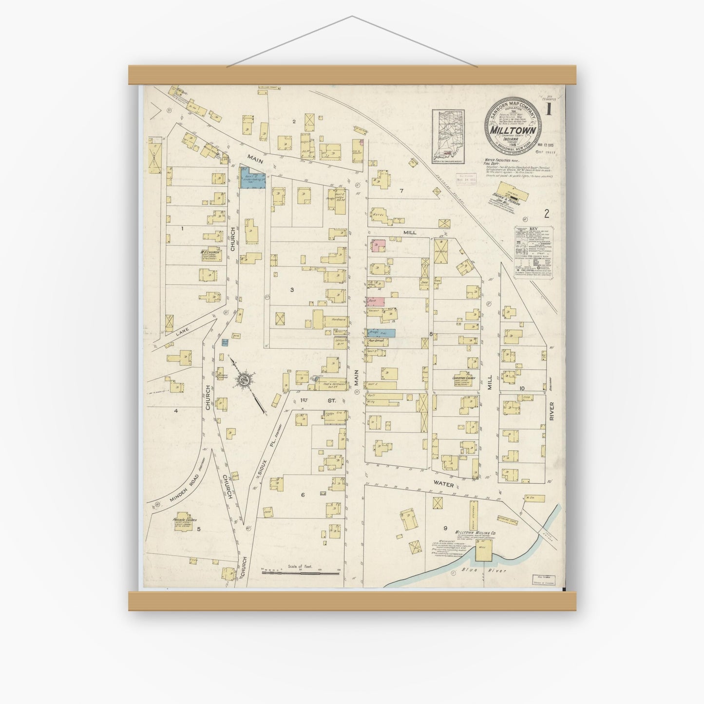 Old map wall art mockup — magnetic wood frame on white wall — Sanborn Fire Insurance Map from Milltown, Crawford And Harrison Counties, Indiana (1915), Sheet #0001