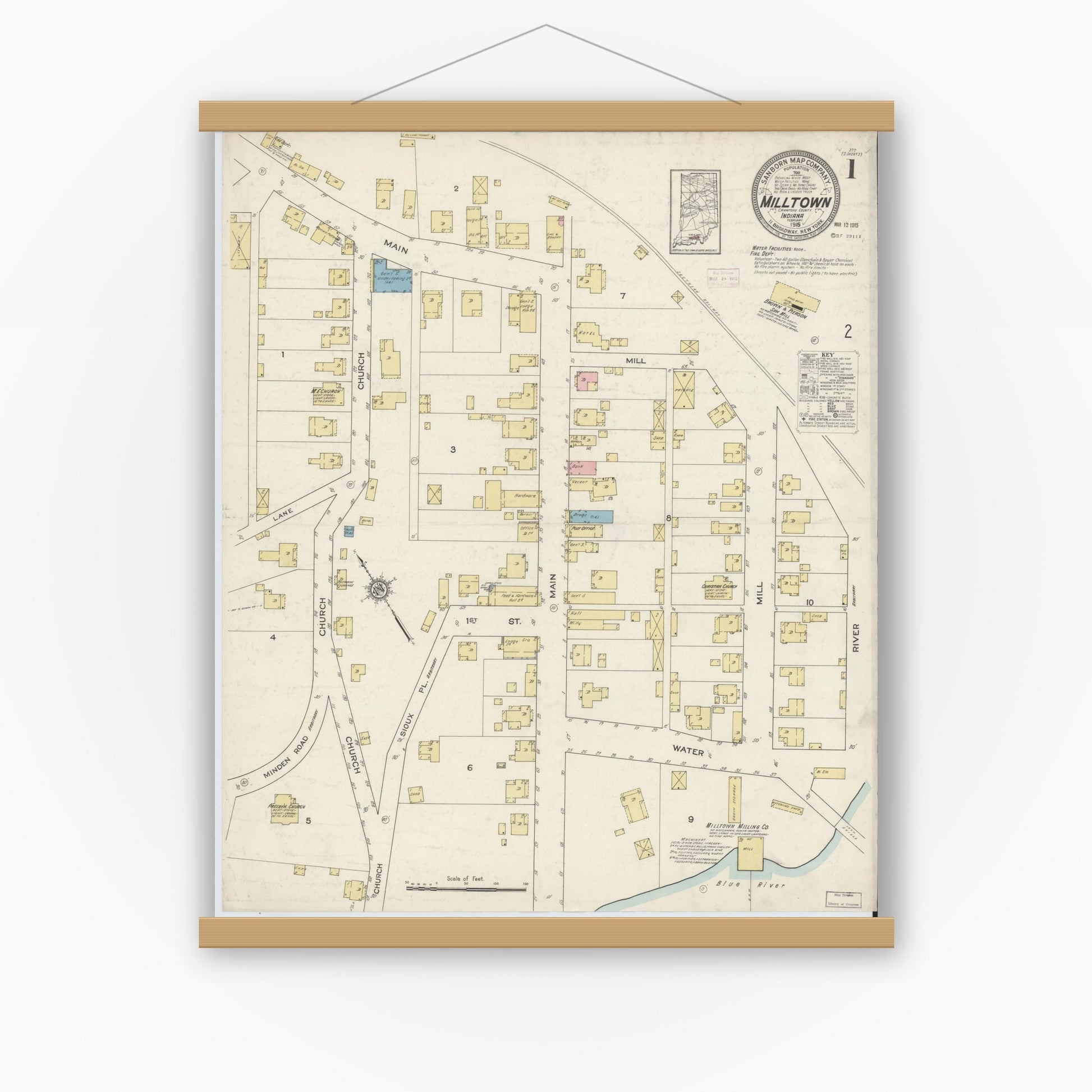 Old map wall art mockup — magnetic wood frame on white wall — Sanborn Fire Insurance Map from Milltown, Crawford And Harrison Counties, Indiana (1915), Sheet #0001