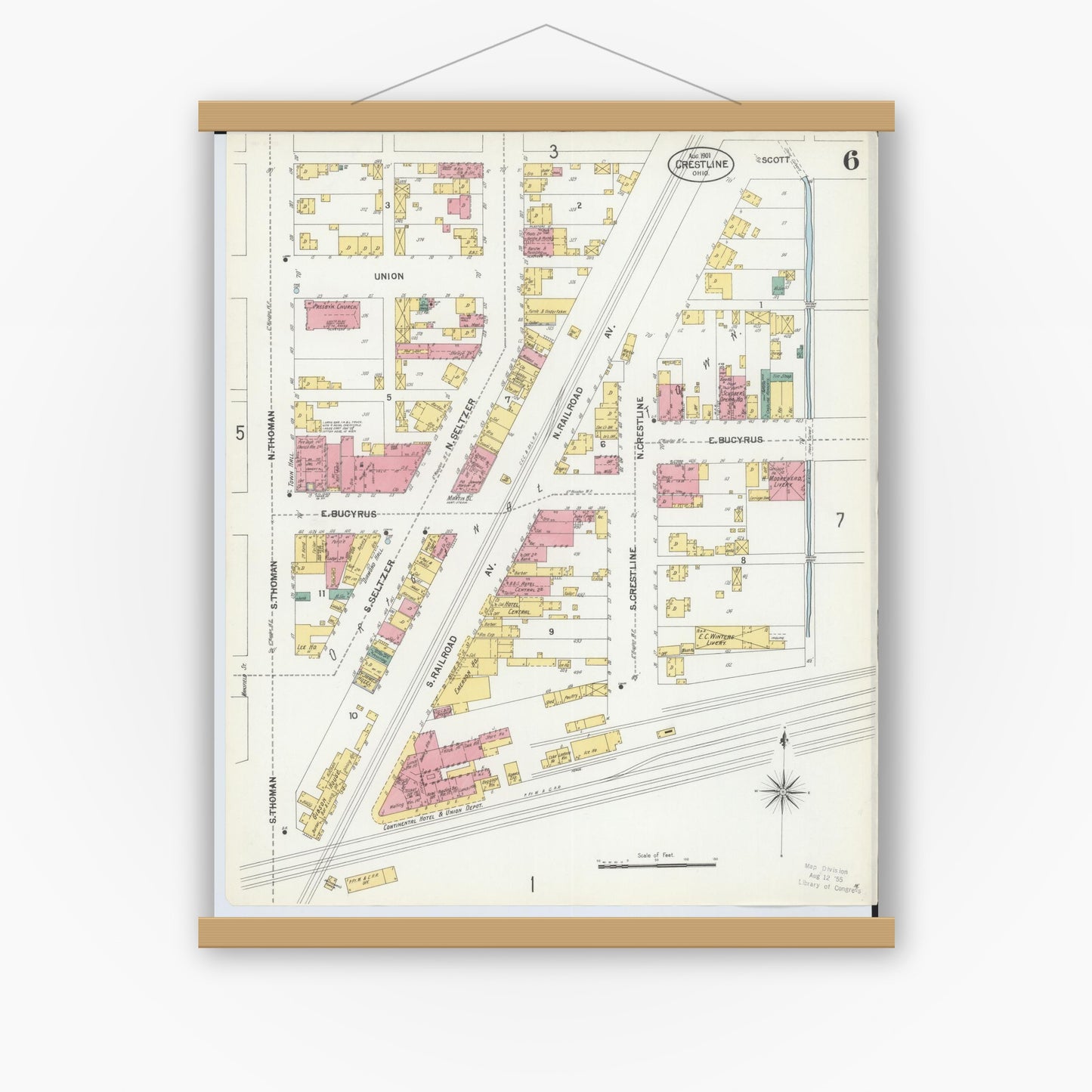 Old map wall art mockup — magnetic wood frame on white wall — Sanborn Fire Insurance Map from Crestline, Crawford County, Ohio (1901), Sheet #0006