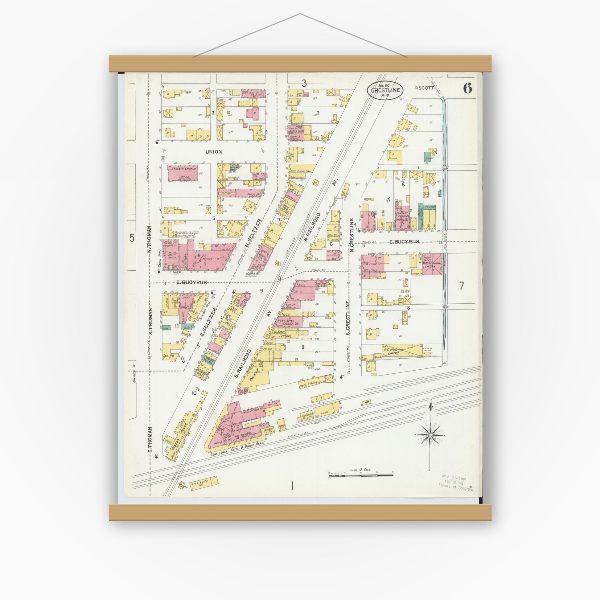 Old map wall art mockup — magnetic wood frame on white wall — Sanborn Fire Insurance Map from Crestline, Crawford County, Ohio (1901), Sheet #0006