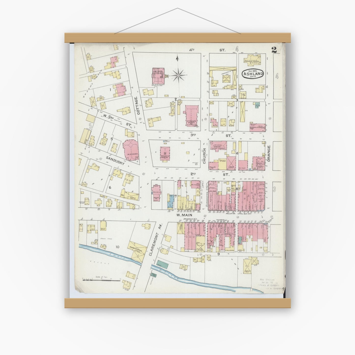 Old map wall art mockup — magnetic wood frame on white wall — Sanborn Fire Insurance Map from Ashland, Ashland County, Ohio (1893), Sheet #0002