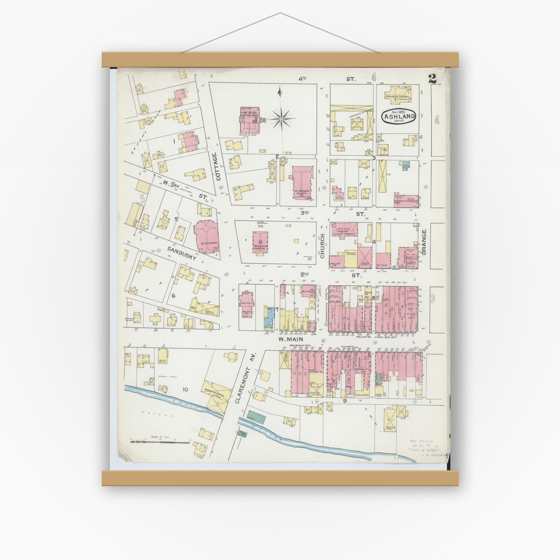 Old map wall art mockup — magnetic wood frame on white wall — Sanborn Fire Insurance Map from Ashland, Ashland County, Ohio (1893), Sheet #0002