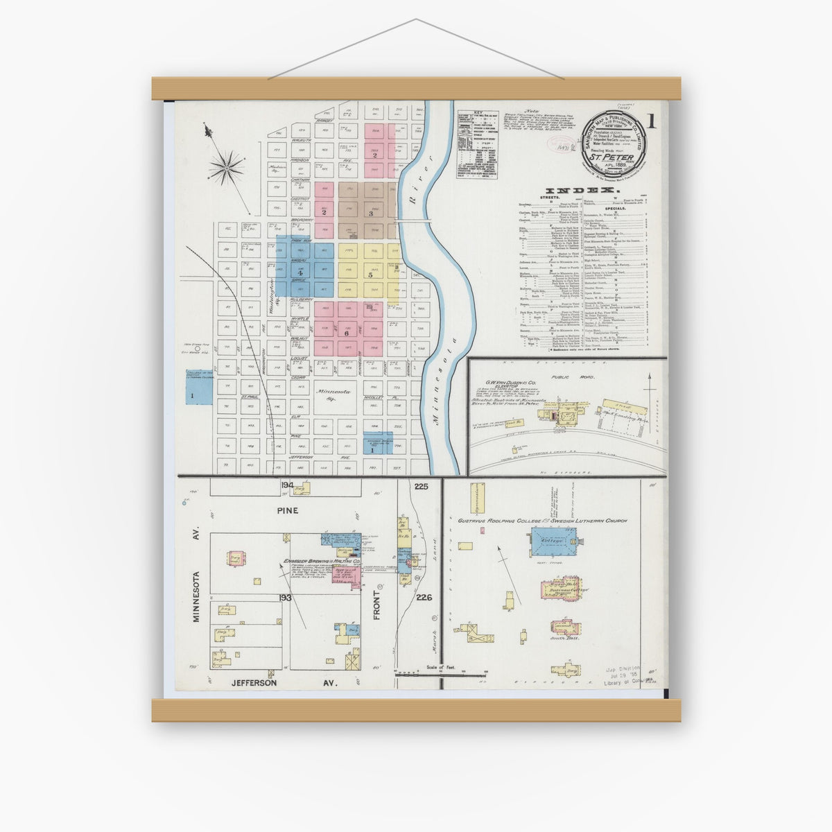 Old map wall art mockup — magnetic wood frame on white wall — Sanborn Fire Insurance Map from Saint Peter, Nicollet County, Minnesota (1889), Sheet #0001