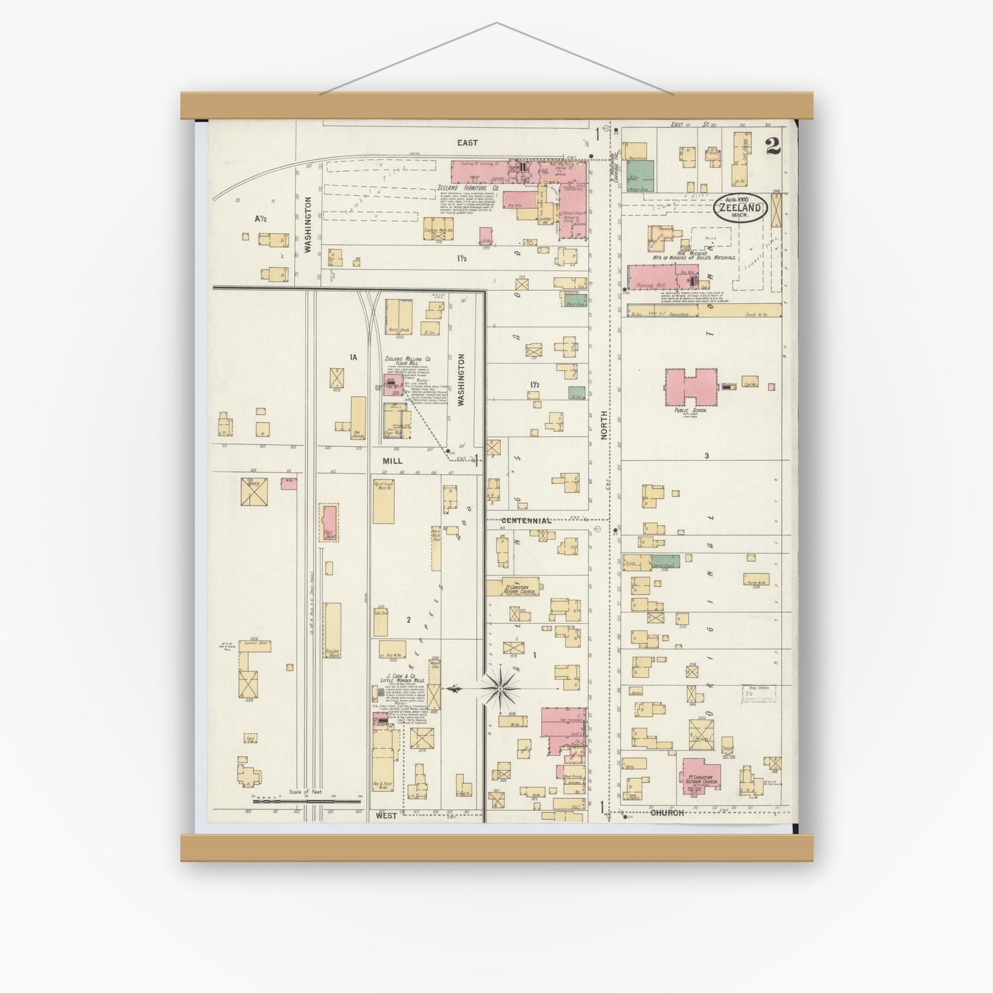 Old map wall art mockup — magnetic wood frame on white wall — Sanborn Fire Insurance Map from Zeeland, Ottawa County, Michigan (1900), Sheet #0002