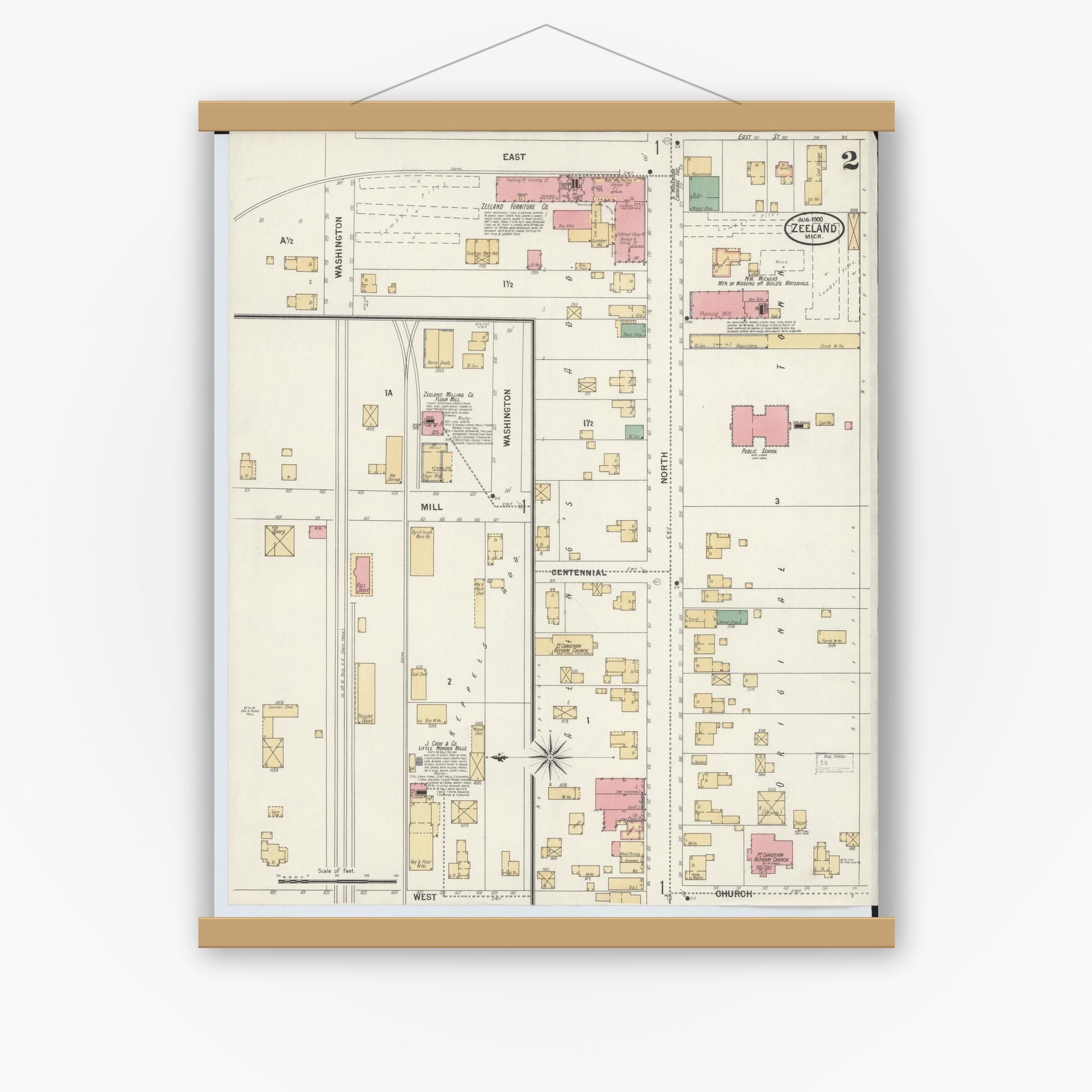 Old map wall art mockup — magnetic wood frame on white wall — Sanborn Fire Insurance Map from Zeeland, Ottawa County, Michigan (1900), Sheet #0002