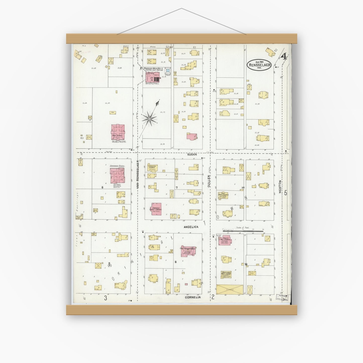 Old map wall art mockup — magnetic wood frame on white wall — Sanborn Fire Insurance Map from Rensselaer, Jasper County, Indiana (1904), Sheet #0004