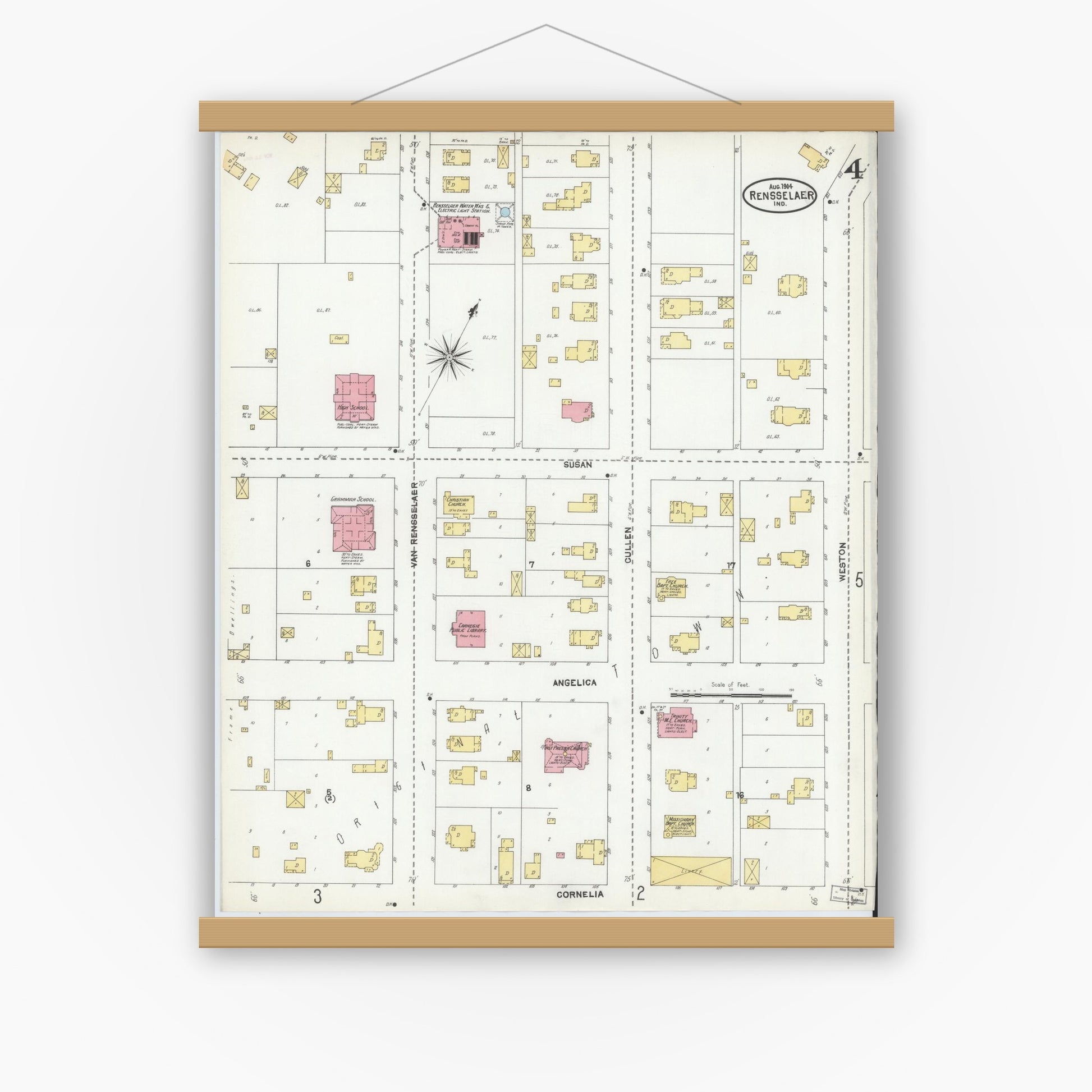 Old map wall art mockup — magnetic wood frame on white wall — Sanborn Fire Insurance Map from Rensselaer, Jasper County, Indiana (1904), Sheet #0004