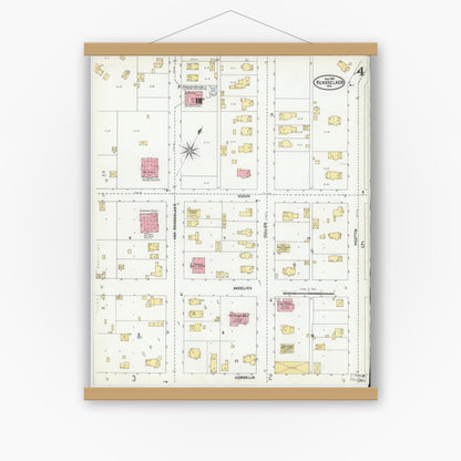Old map wall art mockup — magnetic wood frame on white wall — Sanborn Fire Insurance Map from Rensselaer, Jasper County, Indiana (1904), Sheet #0004