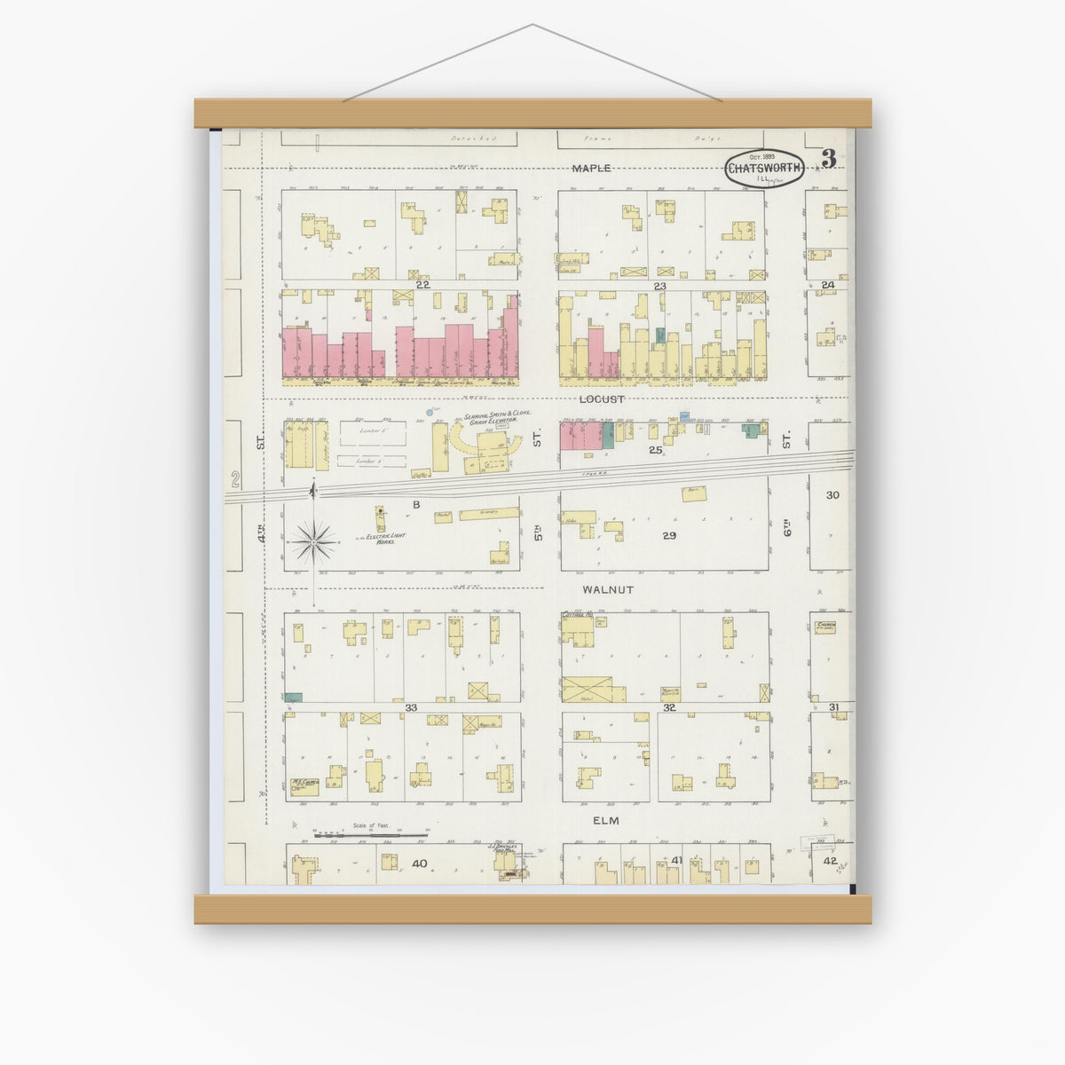 Old map wall art mockup — magnetic wood frame on white wall — Sanborn Fire Insurance Map from Chatsworth, Livingston County, Illinois (1893), Sheet #0003