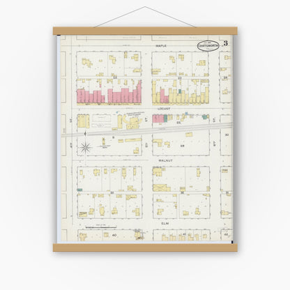Old map wall art mockup — magnetic wood frame on white wall — Sanborn Fire Insurance Map from Chatsworth, Livingston County, Illinois (1893), Sheet #0003
