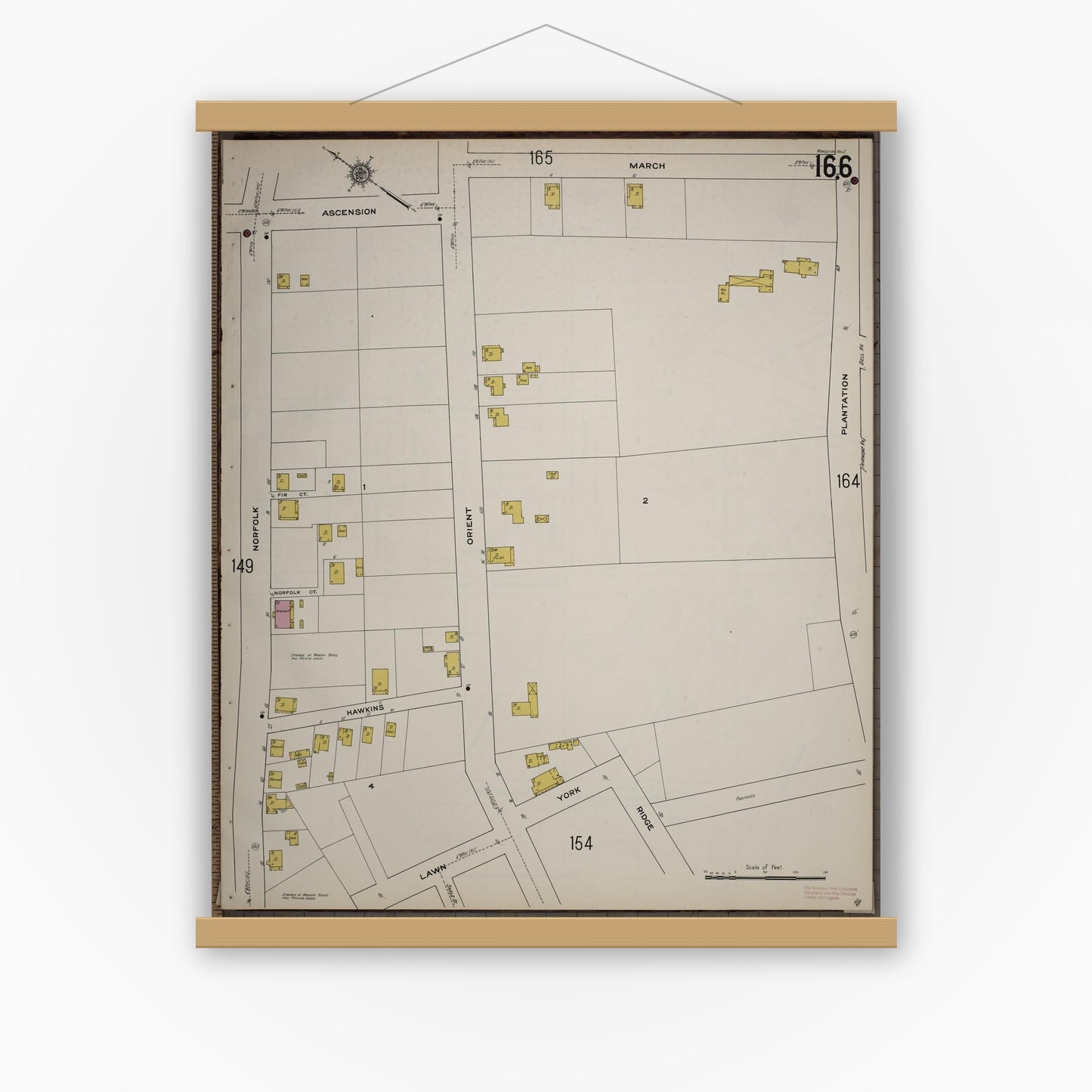 Old map wall art mockup — magnetic wood frame on white wall — Sanborn Fire Insurance Map from Worcester, Worcester County, Massachusetts (1910), Sheet #0166