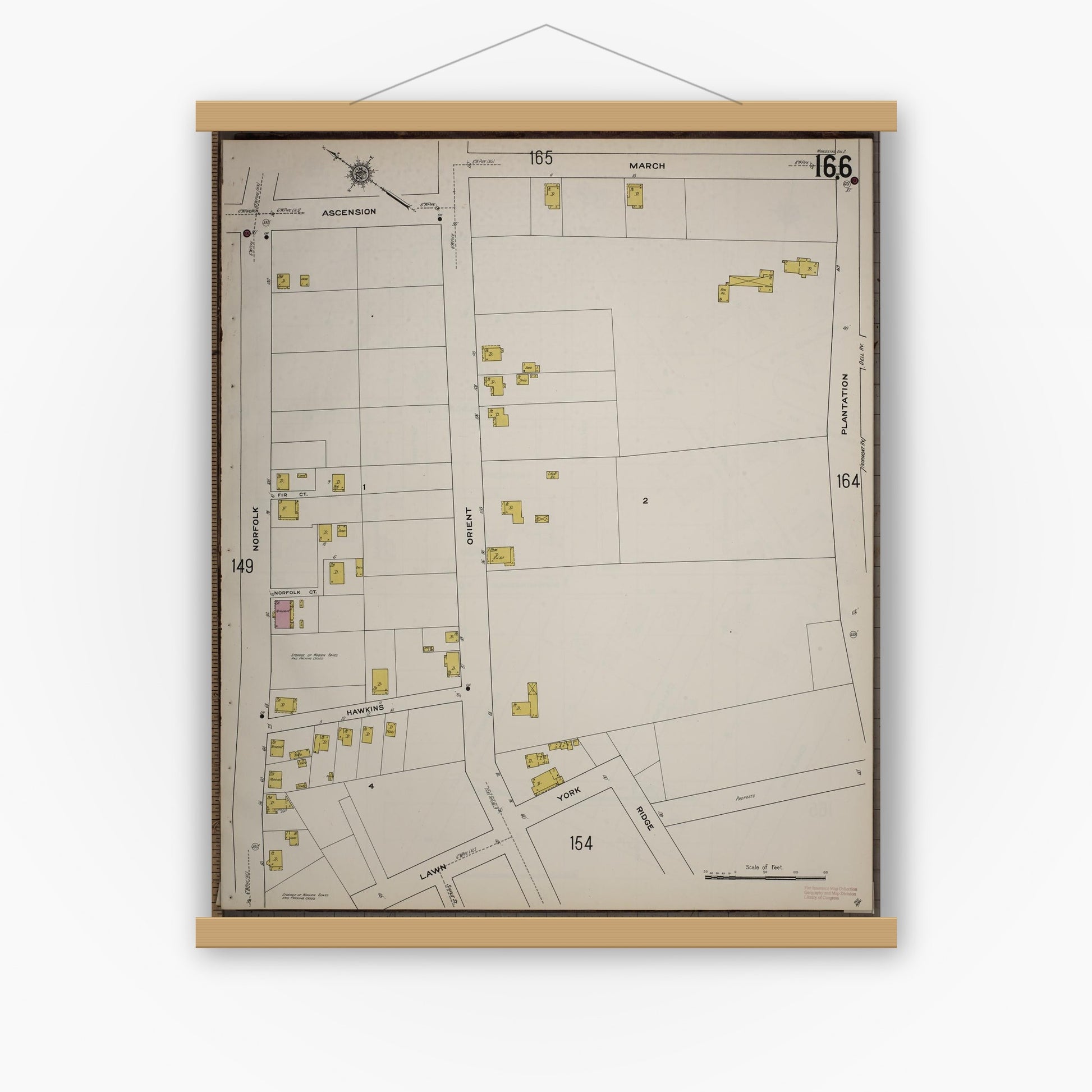 Old map wall art mockup — magnetic wood frame on white wall — Sanborn Fire Insurance Map from Worcester, Worcester County, Massachusetts (1910), Sheet #0166