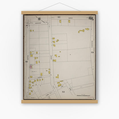 Old map wall art mockup — magnetic wood frame on white wall — Sanborn Fire Insurance Map from Worcester, Worcester County, Massachusetts (1910), Sheet #0166