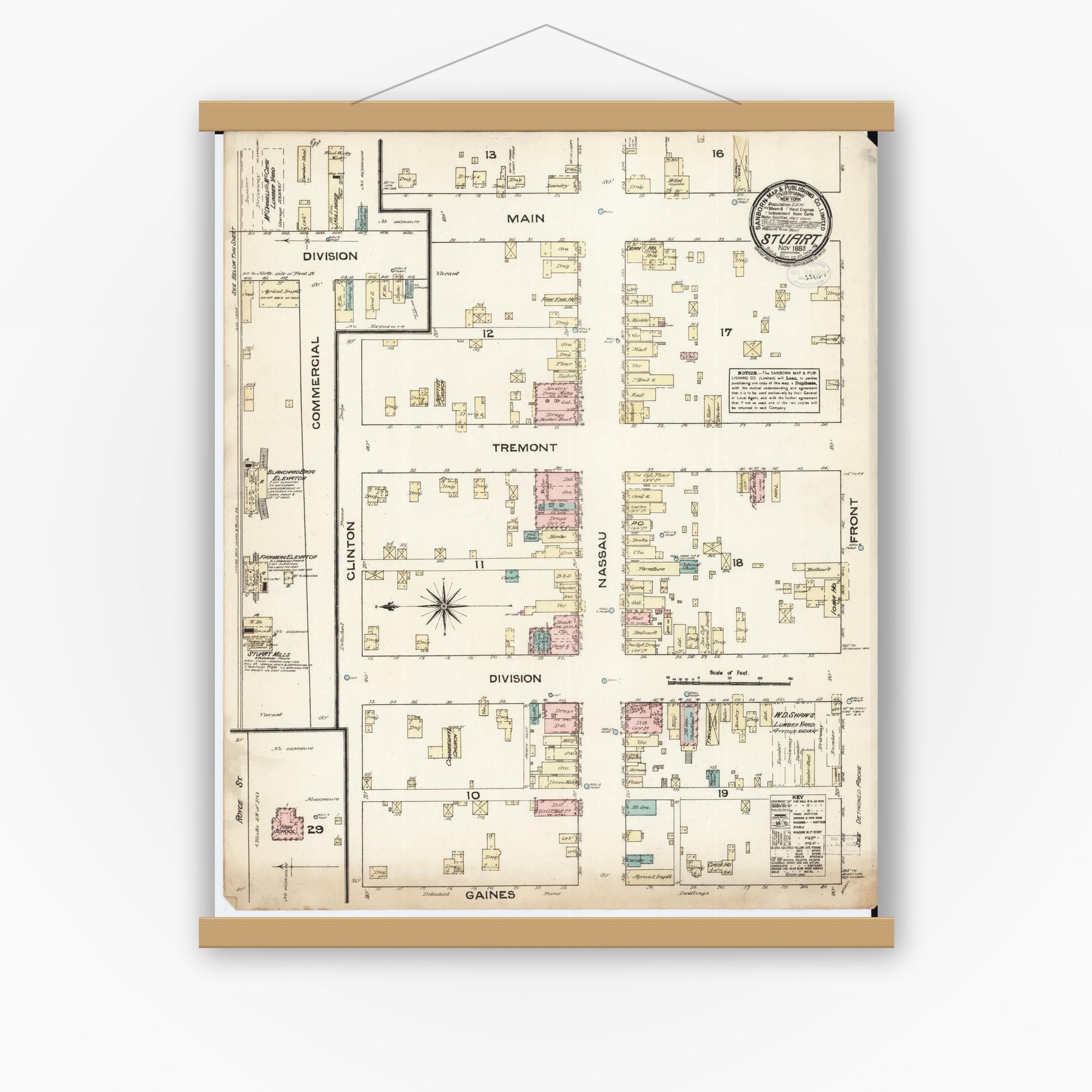 Old map wall art mockup — magnetic wood frame on white wall — Sanborn Fire Insurance Map from Stuart, Guthrie and Adair Counties, Iowa (1883), Sheet #0001