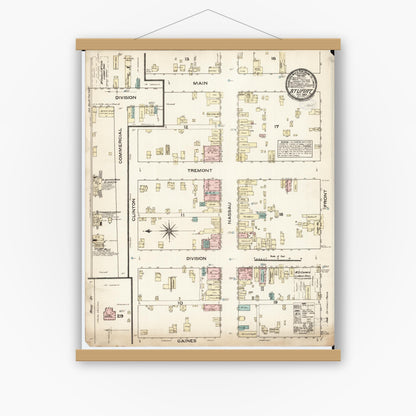 Old map wall art mockup — magnetic wood frame on white wall — Sanborn Fire Insurance Map from Stuart, Guthrie and Adair Counties, Iowa (1883), Sheet #0001