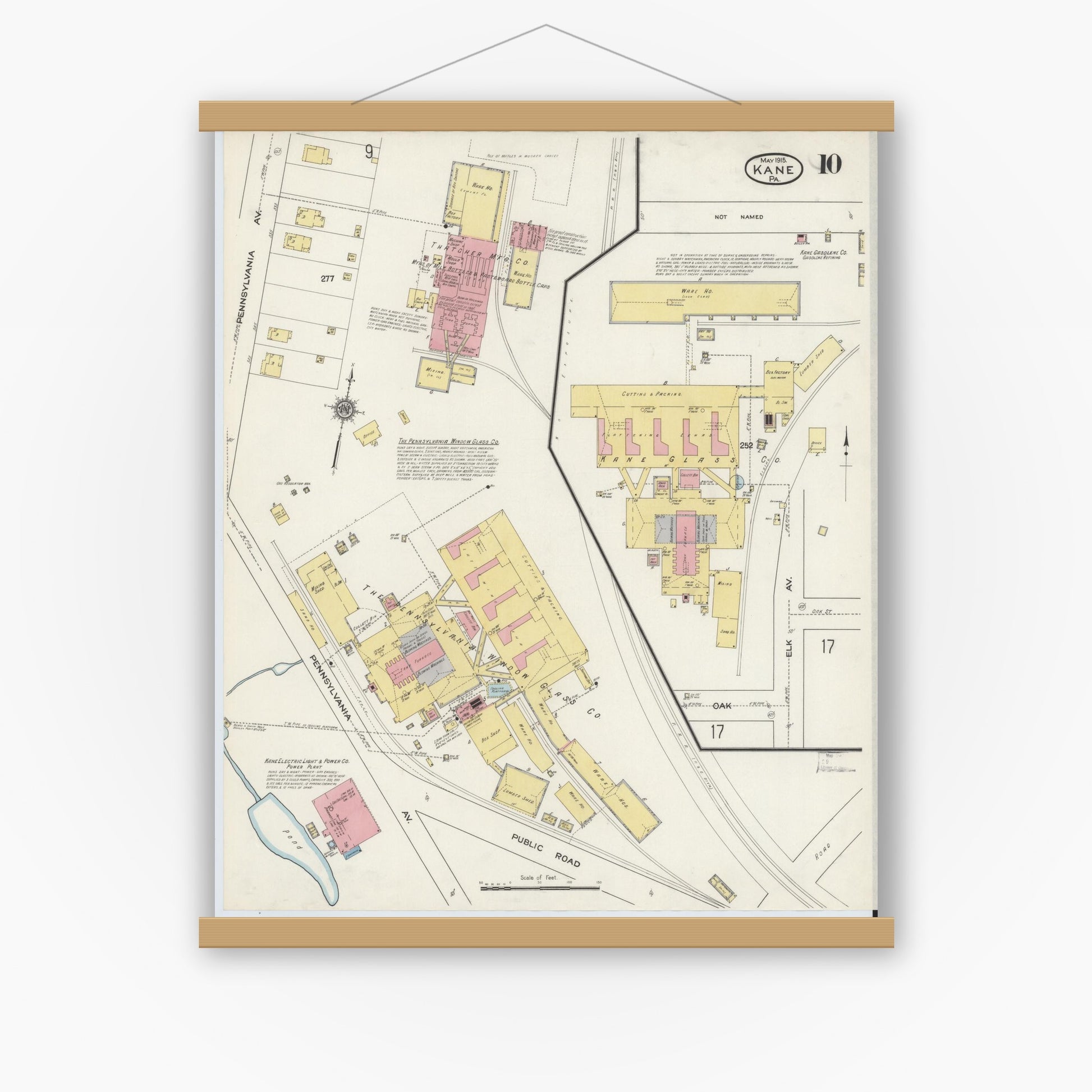 Old map wall art mockup — magnetic wood frame on white wall — Sanborn Fire Insurance Map from Kane, McKean County, Pennsylvania (1915), Sheet #0010