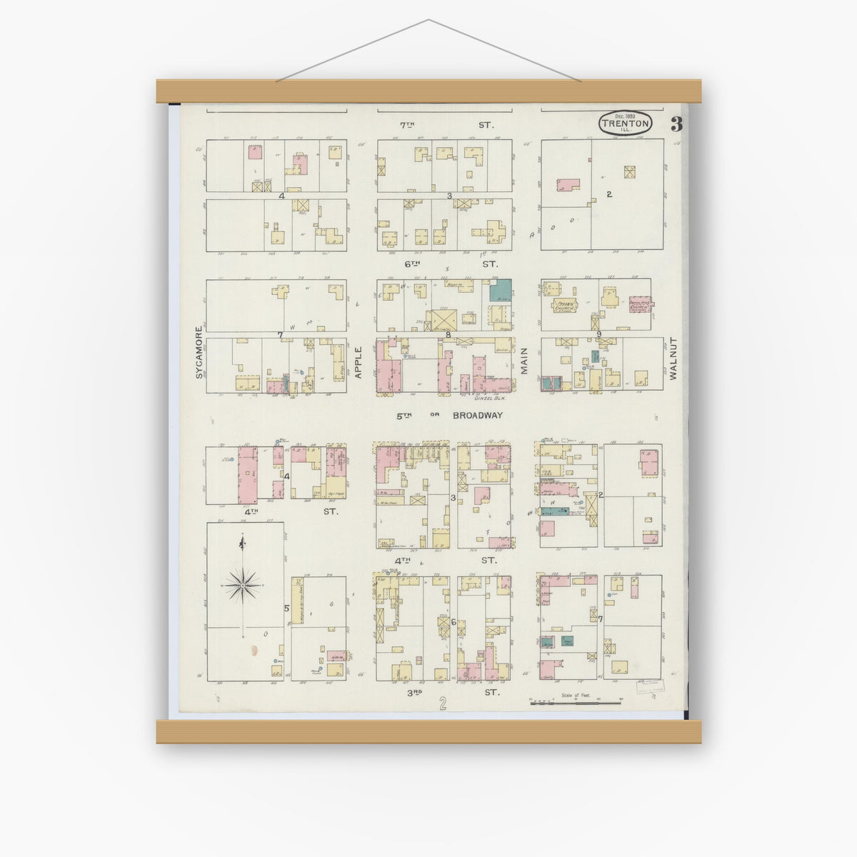 Old map wall art mockup — magnetic wood frame on white wall — Sanborn Fire Insurance Map from Trenton, Clinton County, Illinois (1893), Sheet #0003