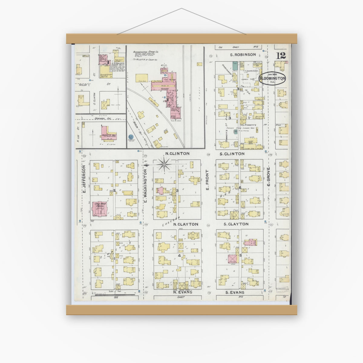 Old map wall art mockup — magnetic wood frame on white wall — Sanborn Fire Insurance Map from Bloomington, McLean County, Illinois (1892), Sheet #0012