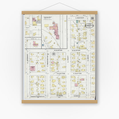 Old map wall art mockup — magnetic wood frame on white wall — Sanborn Fire Insurance Map from Bloomington, McLean County, Illinois (1892), Sheet #0012