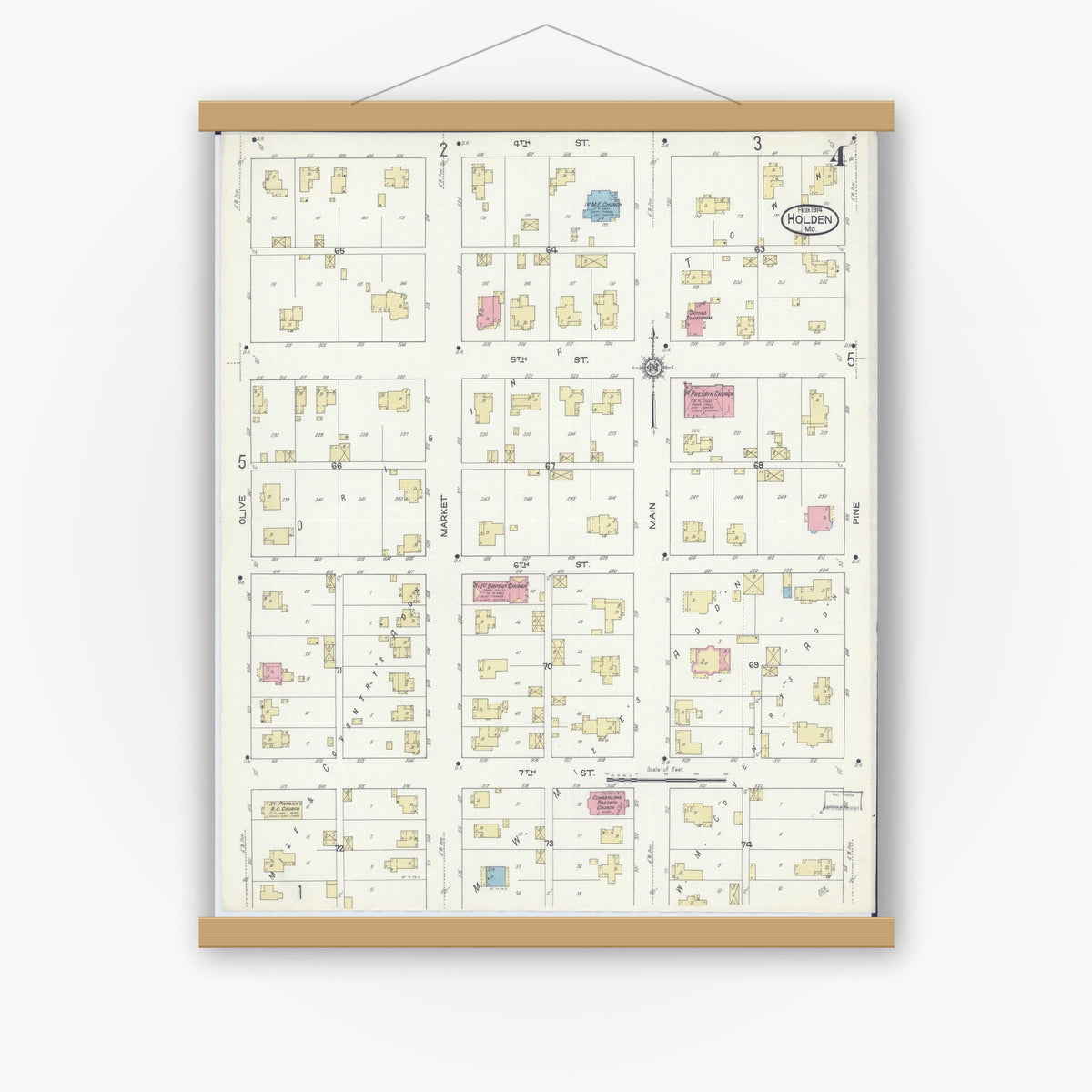 Old map wall art mockup — magnetic wood frame on white wall — Sanborn Fire Insurance Map from Holden, Johnson County, Missouri (1914), Sheet #0004