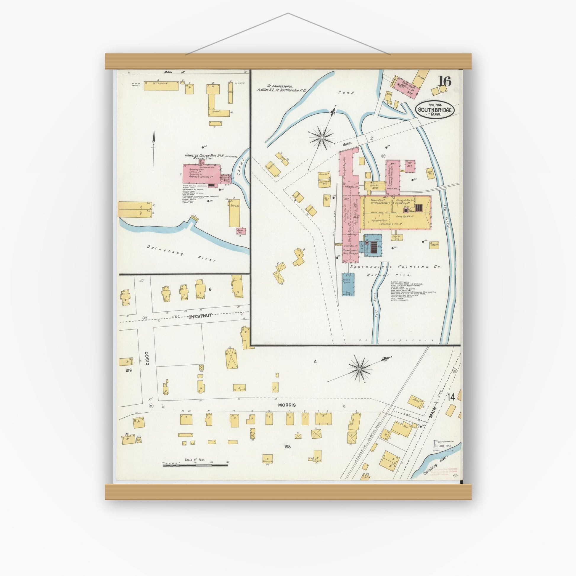Old map wall art mockup — magnetic wood frame on white wall — Sanborn Fire Insurance Map from Southbridge, Worcester County, Massachusetts (1904), Sheet #0016