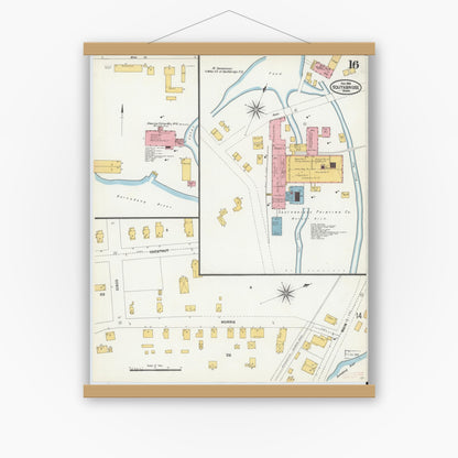 Old map wall art mockup — magnetic wood frame on white wall — Sanborn Fire Insurance Map from Southbridge, Worcester County, Massachusetts (1904), Sheet #0016