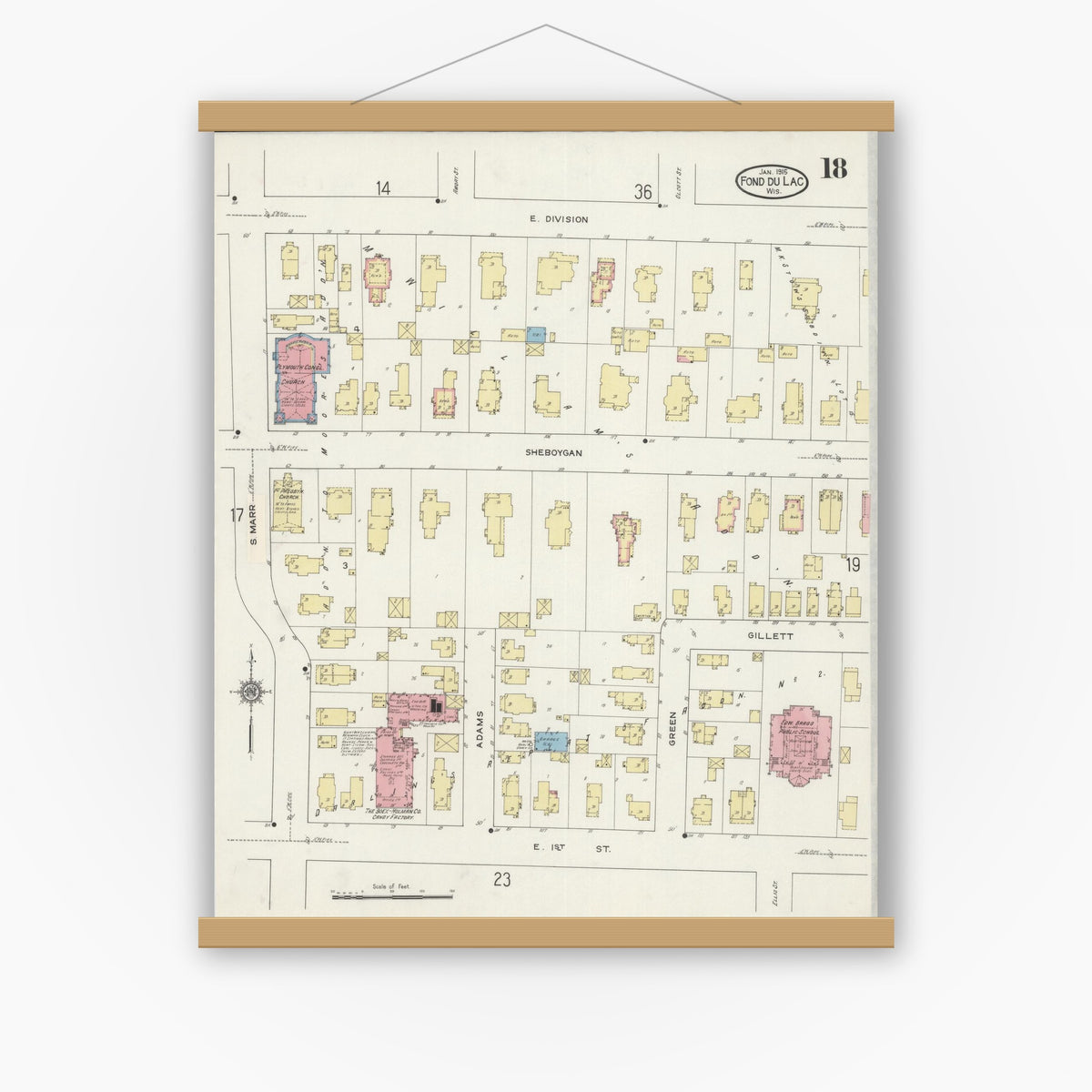 Old map wall art mockup — magnetic wood frame on white wall — Sanborn Fire Insurance Map from Fond du Lac, Fond du Lac County, Wisconsin (1915), Sheet #0018