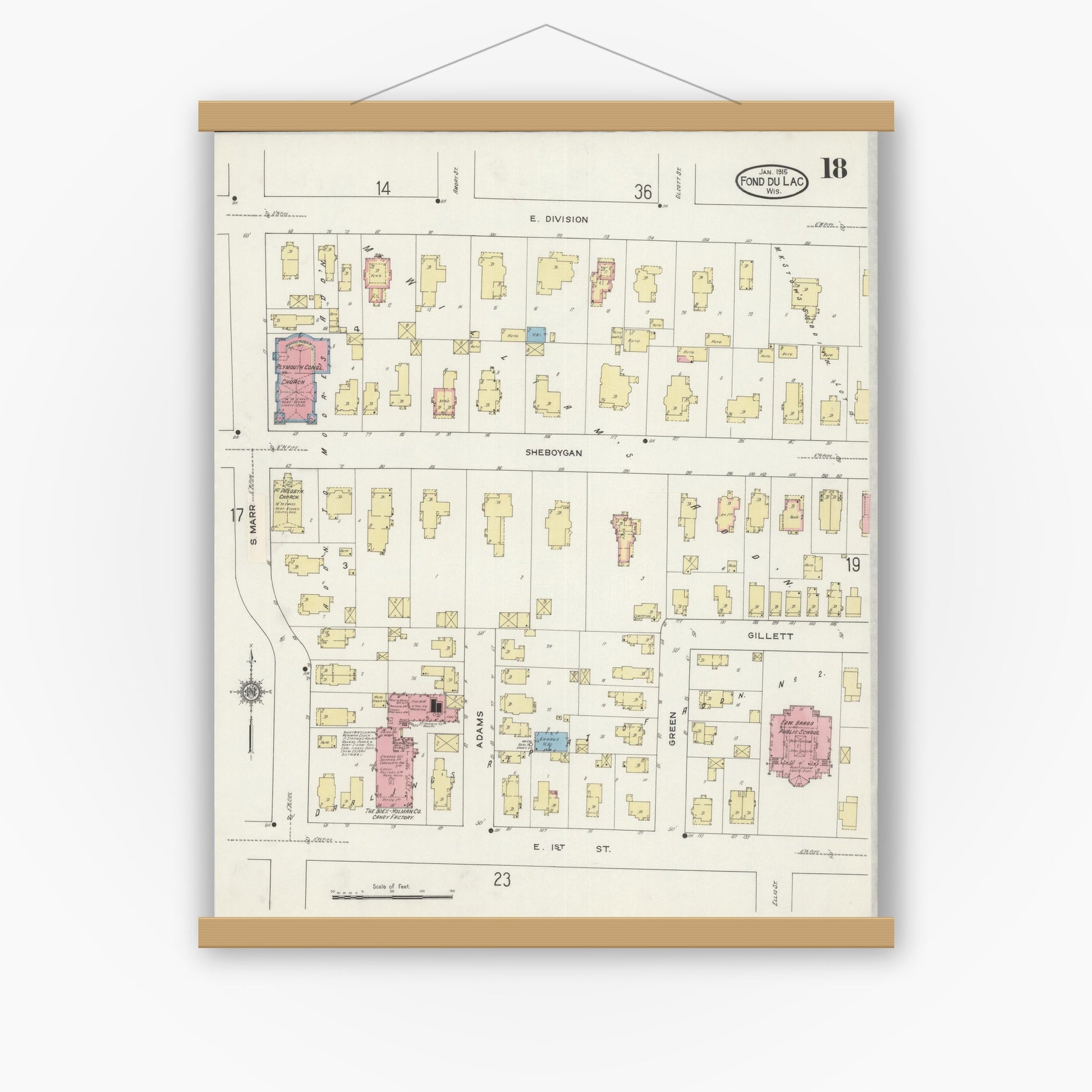 Old map wall art mockup — magnetic wood frame on white wall — Sanborn Fire Insurance Map from Fond du Lac, Fond du Lac County, Wisconsin (1915), Sheet #0018